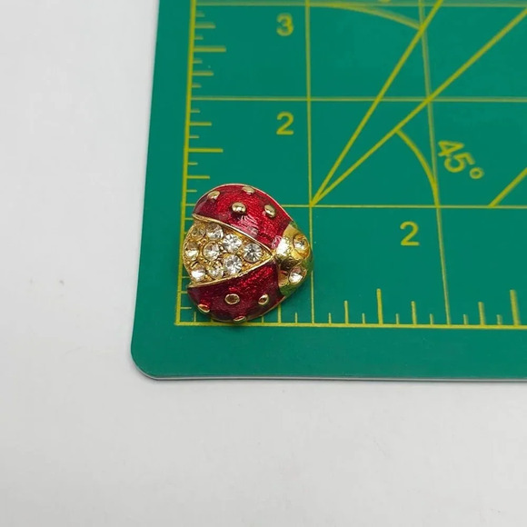 Vintage Enamel Ladybug Brooch Pin With Rhinestones Gold Tone Finish 1 in - Picture 4 of 4